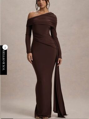 Club L London One-Shoulder Chocolate Brown Draped Maxi Dress